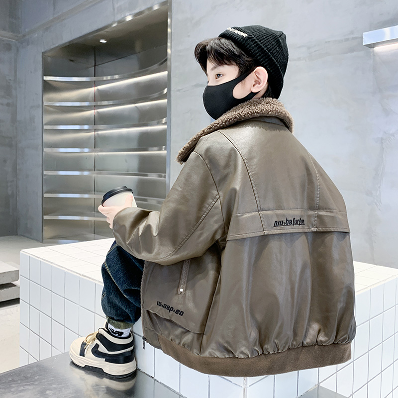 儿童装男童皮衣外套2023秋冬新款冬装加绒大童男孩冬季加厚夹克潮