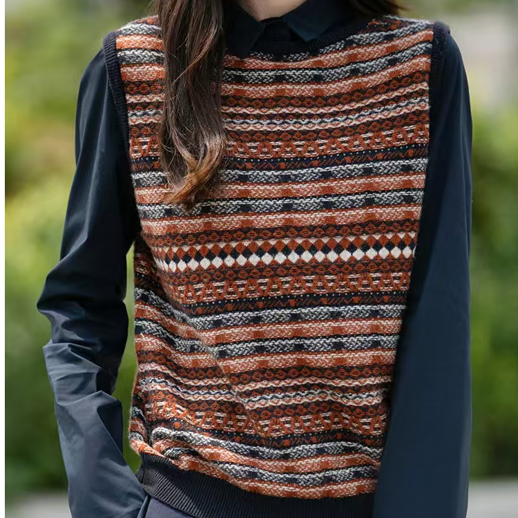 港风复古提花100纯羊毛彩条编制拼色无袖针织圆领套头背心马甲女