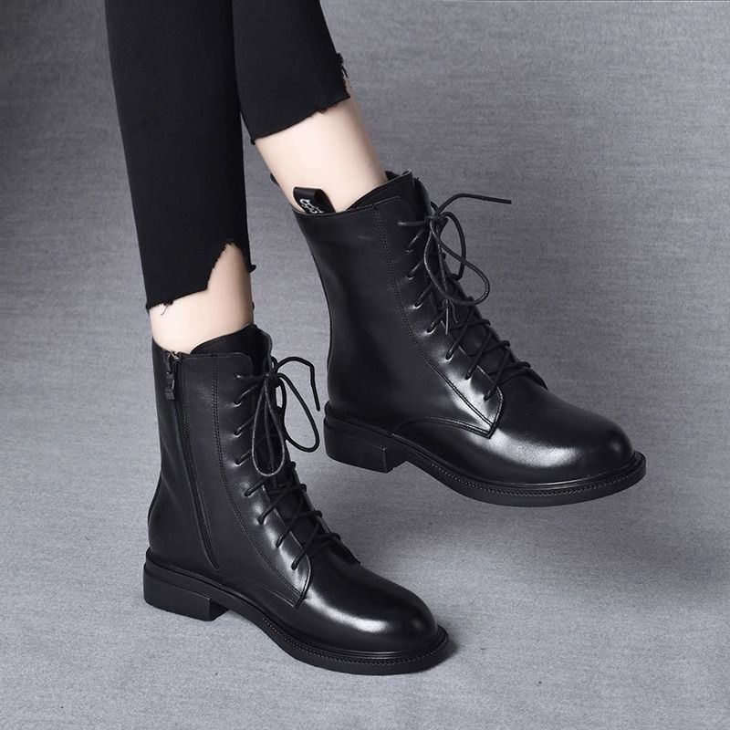 红蜻蜓牌牌真皮马丁靴女新款秋冬季加绒棉鞋平底短靴妈妈靴2023新