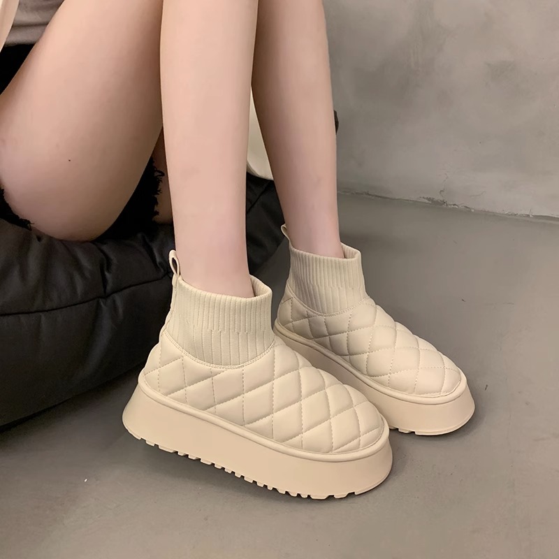 红蜻蜓牌雪地靴女2023冬季厚底增高加绒保暖棉鞋显瘦弹力短筒袜子