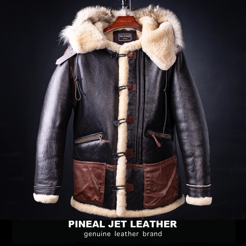 豪松皮衣【B7轰炸机】经典中长款皮毛一体连帽超保暖御寒皮外套