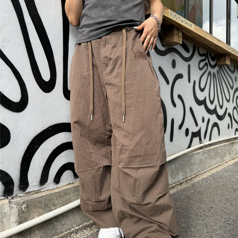 KencilBox千笔盒子宽松刺绣棕色抽绳裤子嘻哈潮流工装裤