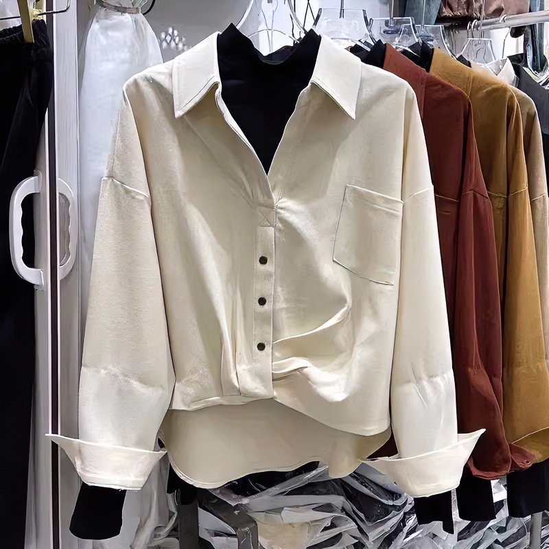 欧货撞色拼接假两件长袖衬衫女2024秋冬款设计感休闲宽松遮肚上衣
