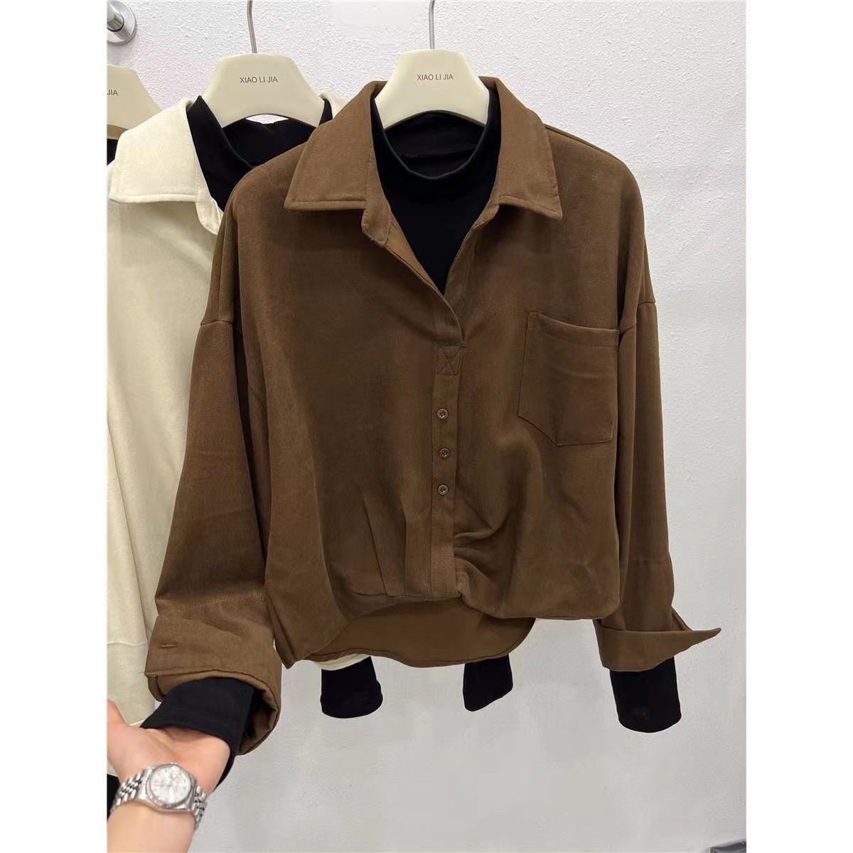 设计感半高领假两件灯芯绒衬衫女长袖上衣秋季2024新款打结衬衣潮