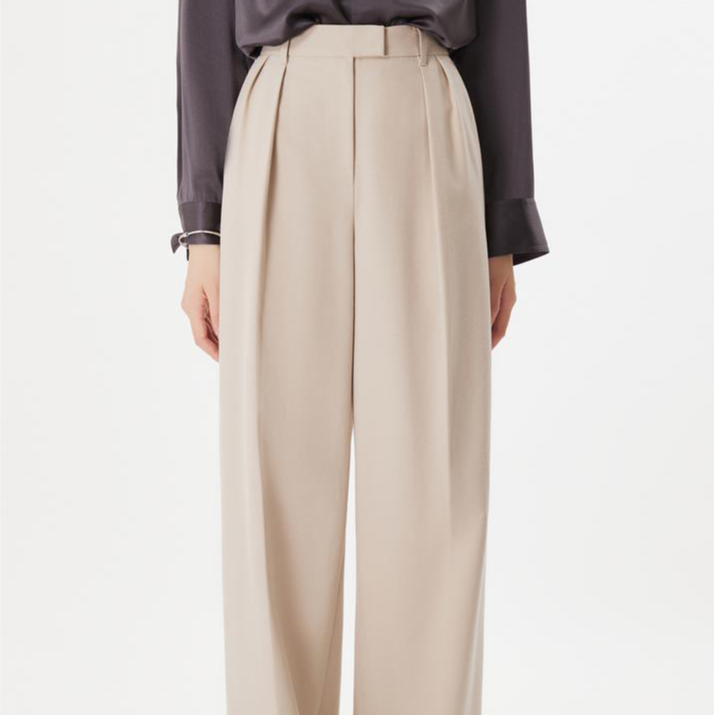 阿玛施老钱风复古休闲中高腰压褶宽松直筒长裤女5100349