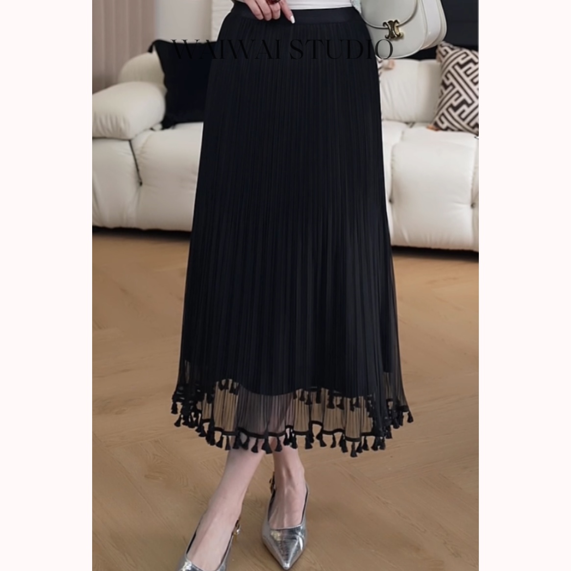 【丝漾】 新款百搭显瘦手工压褶流苏网纱半身裙 24S202