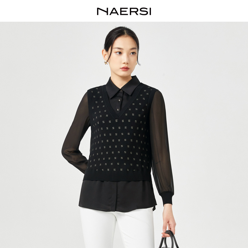 NAERSI/娜尔思气质毛衣翻领针织衫女2025春装新款通勤长袖上衣