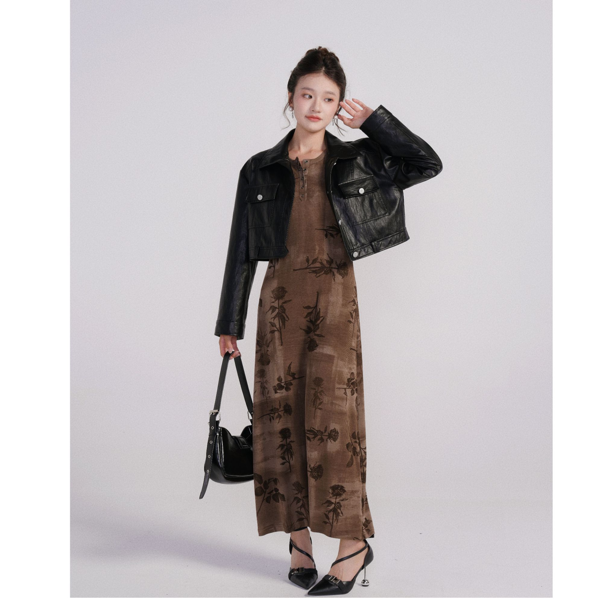 干枯玫瑰/小个子秋冬新款玫瑰印花连衣裙双层复古时尚