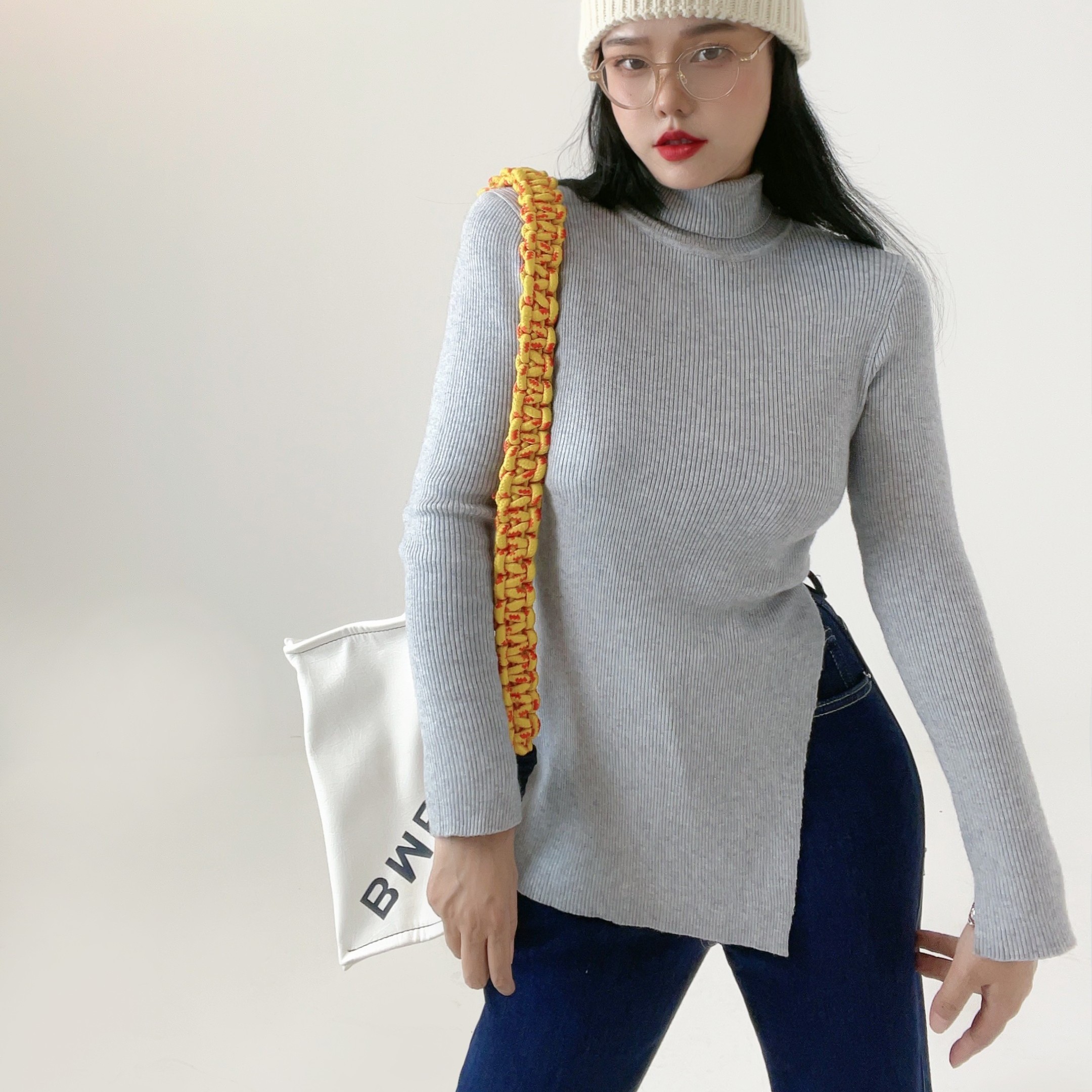 Co&Sheng重生 秋冬内搭打底衫修身显瘦气质时尚纯色长款开叉针织