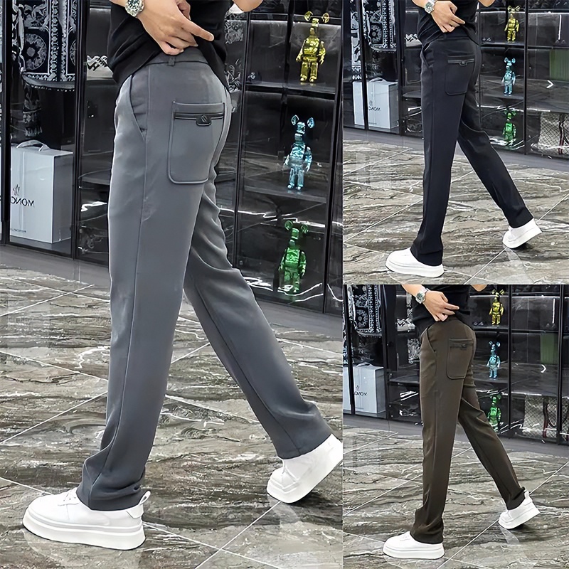 冬季新款休闲裤男士灰色刺绣长裤潮流时尚直筒阔腿针织弹力运动裤