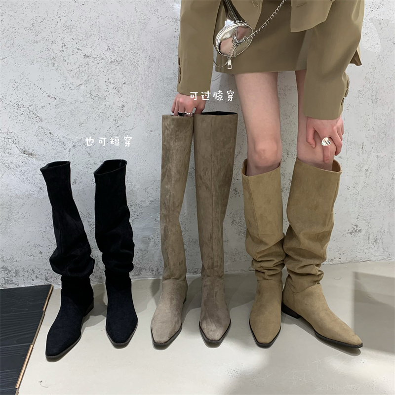 韩版过膝靴简约骑士两穿长靴尖头堆堆靴