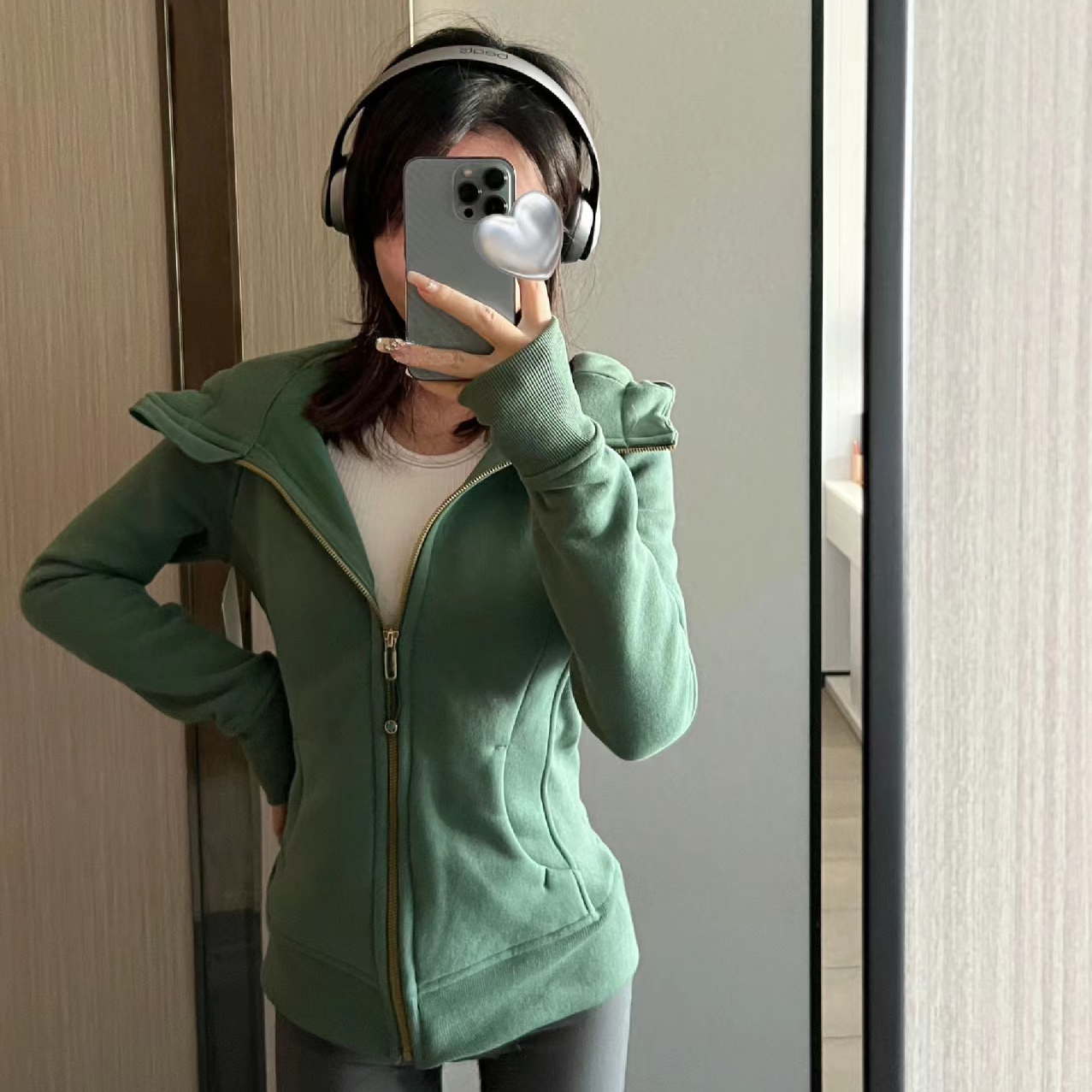 【高定】品牌高奢显瘦运动连帽长袖女士森林绿秋冬运动卫衣 2923