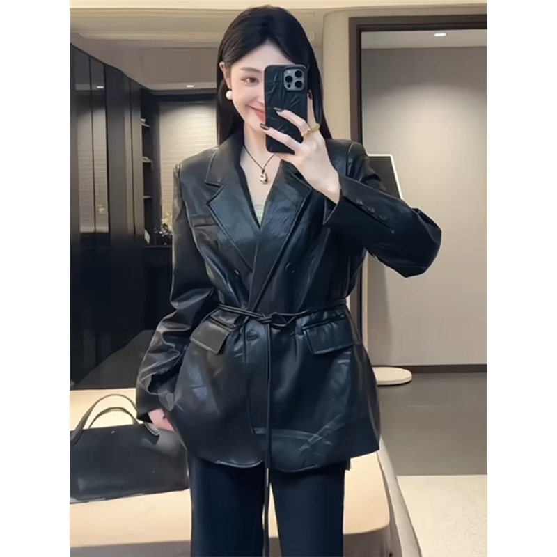 白冬季皮衣PU外套收腰内胆皮时尚西装中长款显瘦服女新款气质网红