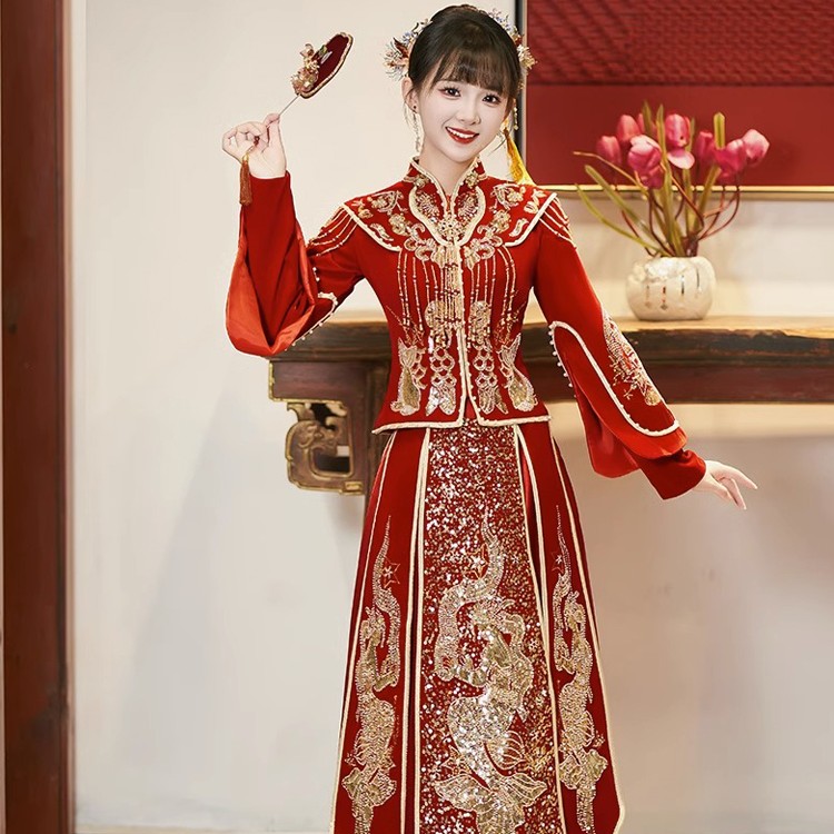 秀禾服丝绒2025新款高级中式结婚服重工大气嫁衣奢华款出阁敬酒服