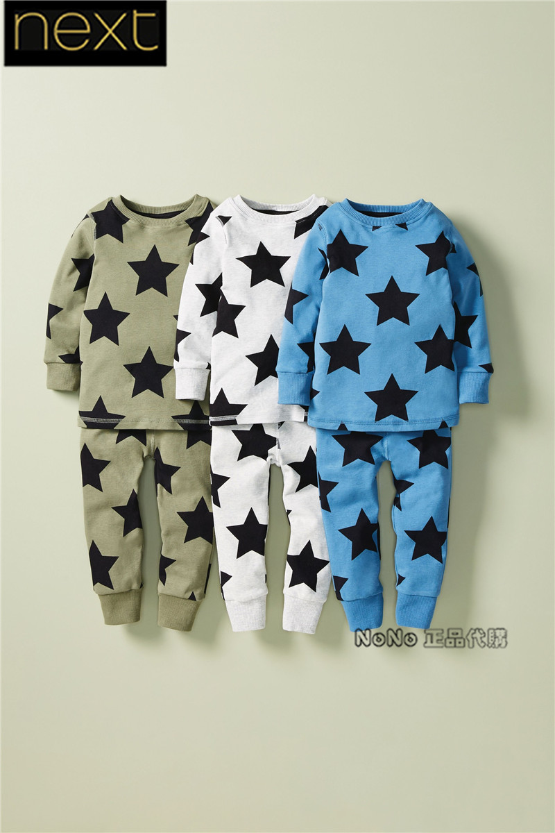 现货Next英国正品男女童星星棉质家居服长袖秋衣睡裤三套装