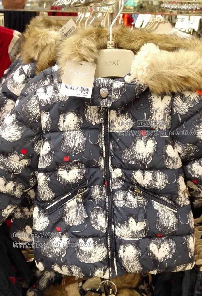 现货Next英国正品女童深蓝色猫咪涂鸦中长款棉服加厚加毛棉衣