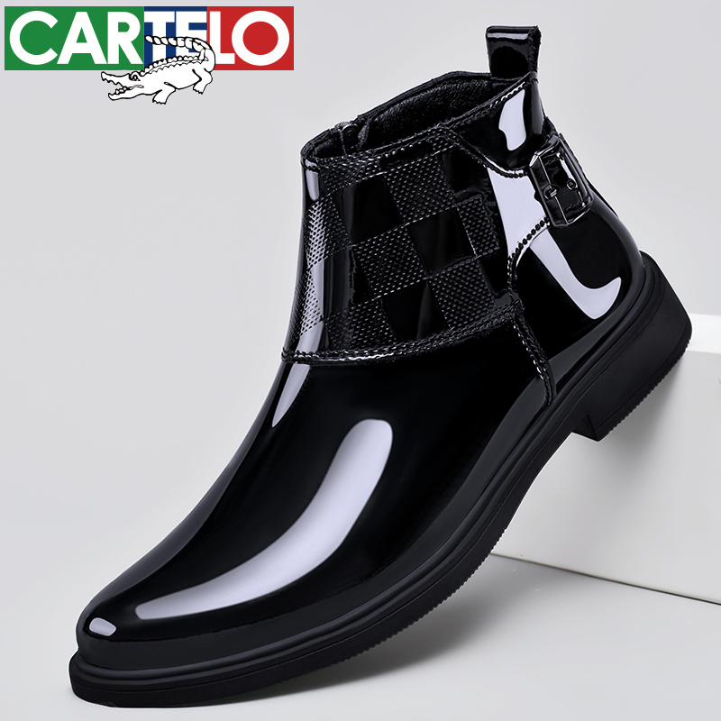 CARTELO/卡帝乐鳄鱼百搭软底时尚休闲黑色真皮加绒短靴高帮冬季