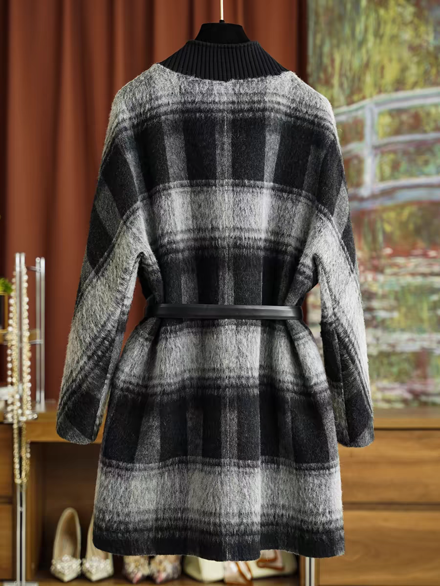 9832秋冬新款流行女装双面羊毛大衣外套大格子V领单扣洋气经典