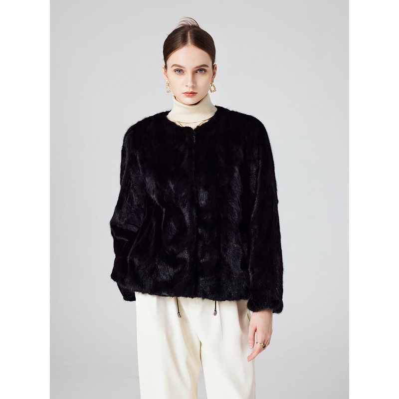 圆领水貂皮大衣女2024新款年轻款水貂毛外套女高级感水貂毛大衣