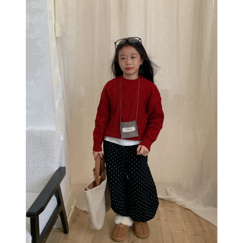 韩国女童红色复古麻花毛衣儿童洋气针织上衣圣诞新年毛衣