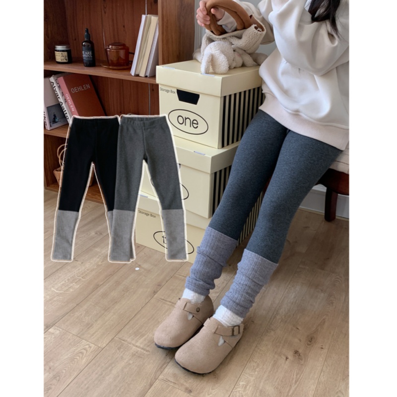 韩国童装女童洋气假两件拼接加绒打底裤宝宝百搭保暖长裤