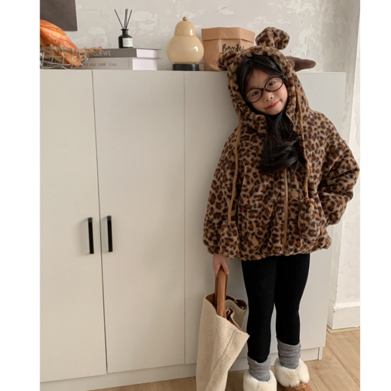 童装儿童冬装加绒豹纹连帽外套女童可爱小耳朵保暖毛毛衣
