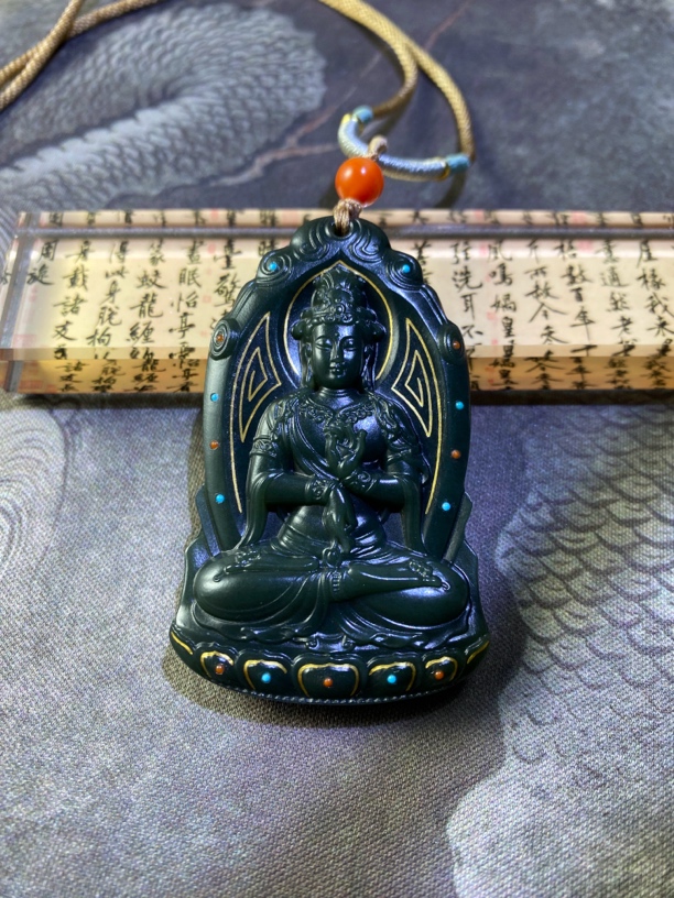 【赵师傅】金银工艺和田玉青玉观音吊坠