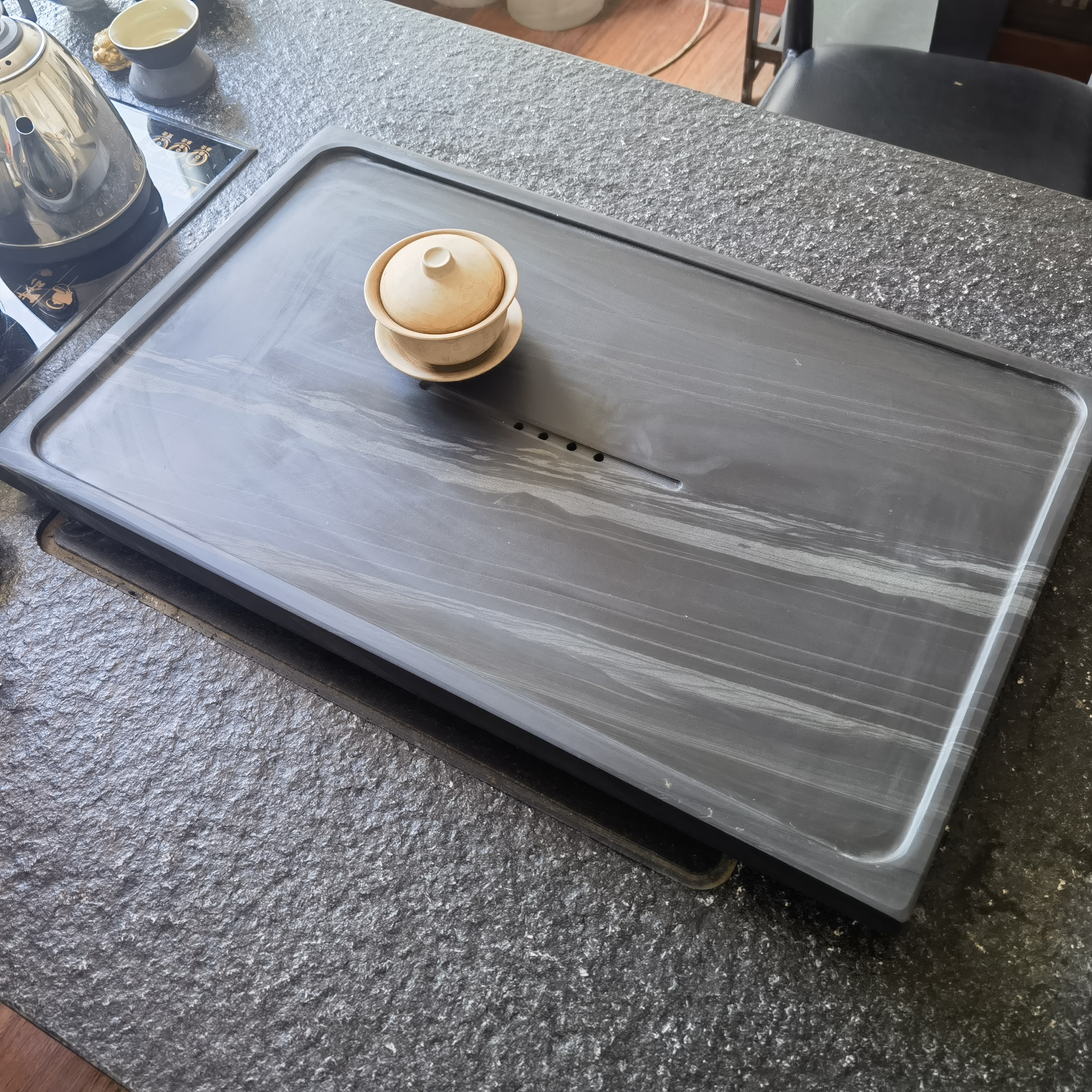 天然石茶盘黄庭玉木纹家用一体茶台长方形排水茶盘简约干泡台