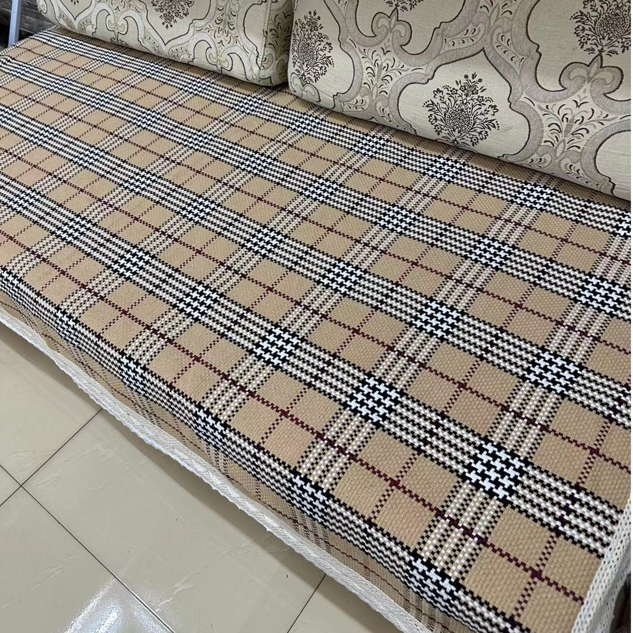 八宝格棉麻千鸟格加厚沙发垫盖巾简约现代