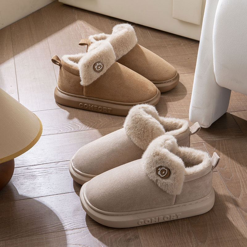 高帮毛棉拖鞋男女包跟秋冬季情侣室内有带后跟棉鞋厚底居家用保暖商品图