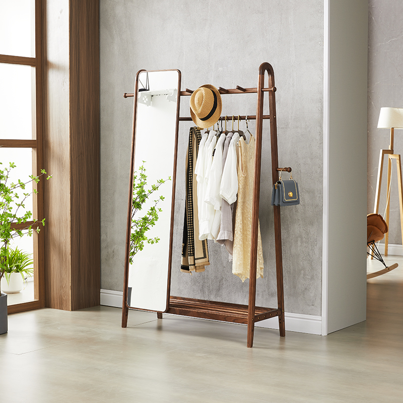 新中式实木穿衣镜挂衣服架子卧室一体多功能全身带镜子落地衣帽架