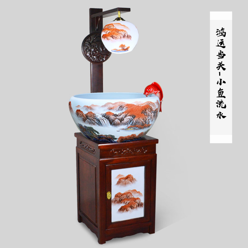 牧溪源实木底座陶瓷鱼缸过滤循环流水喷泉客厅家用养鱼盆金鱼缸