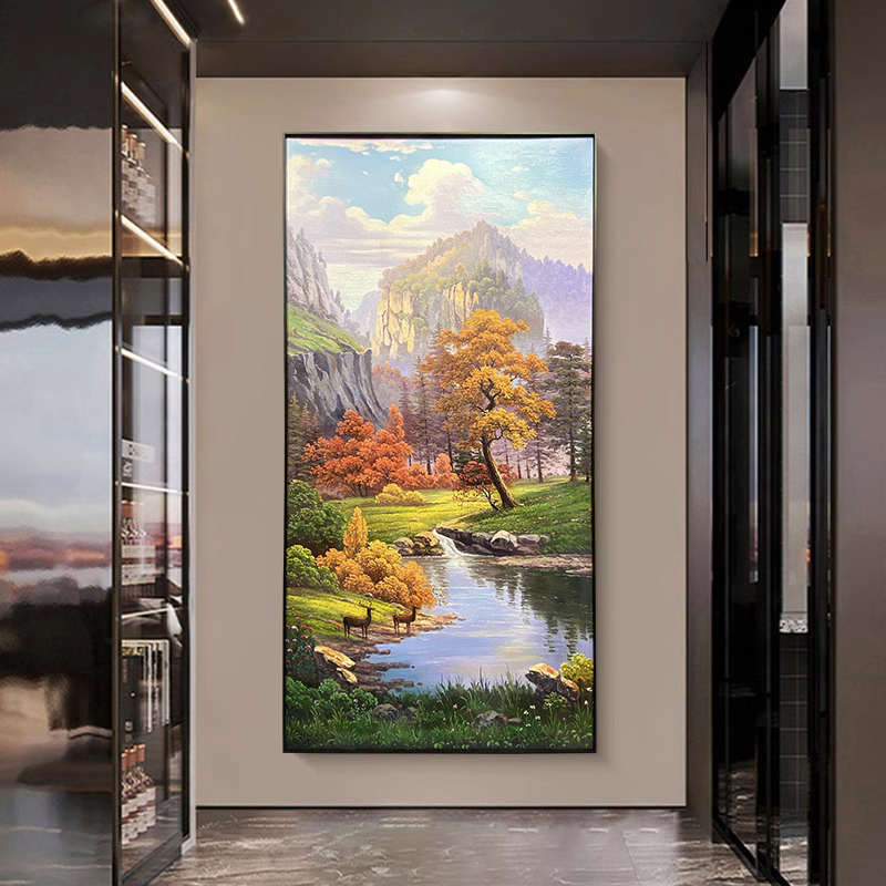 欧式竖版挂画乡村风景美式复刻油画入户玄关装饰画油画客厅装饰画