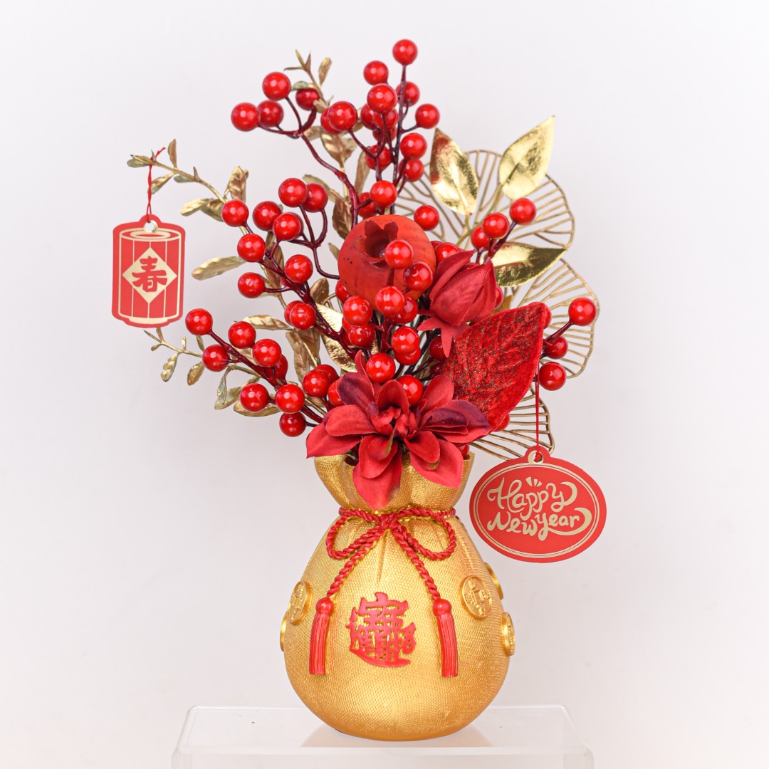 【金樽红运】2023新款春节年货38cm石榴红果石榴花圆口瓶摆件