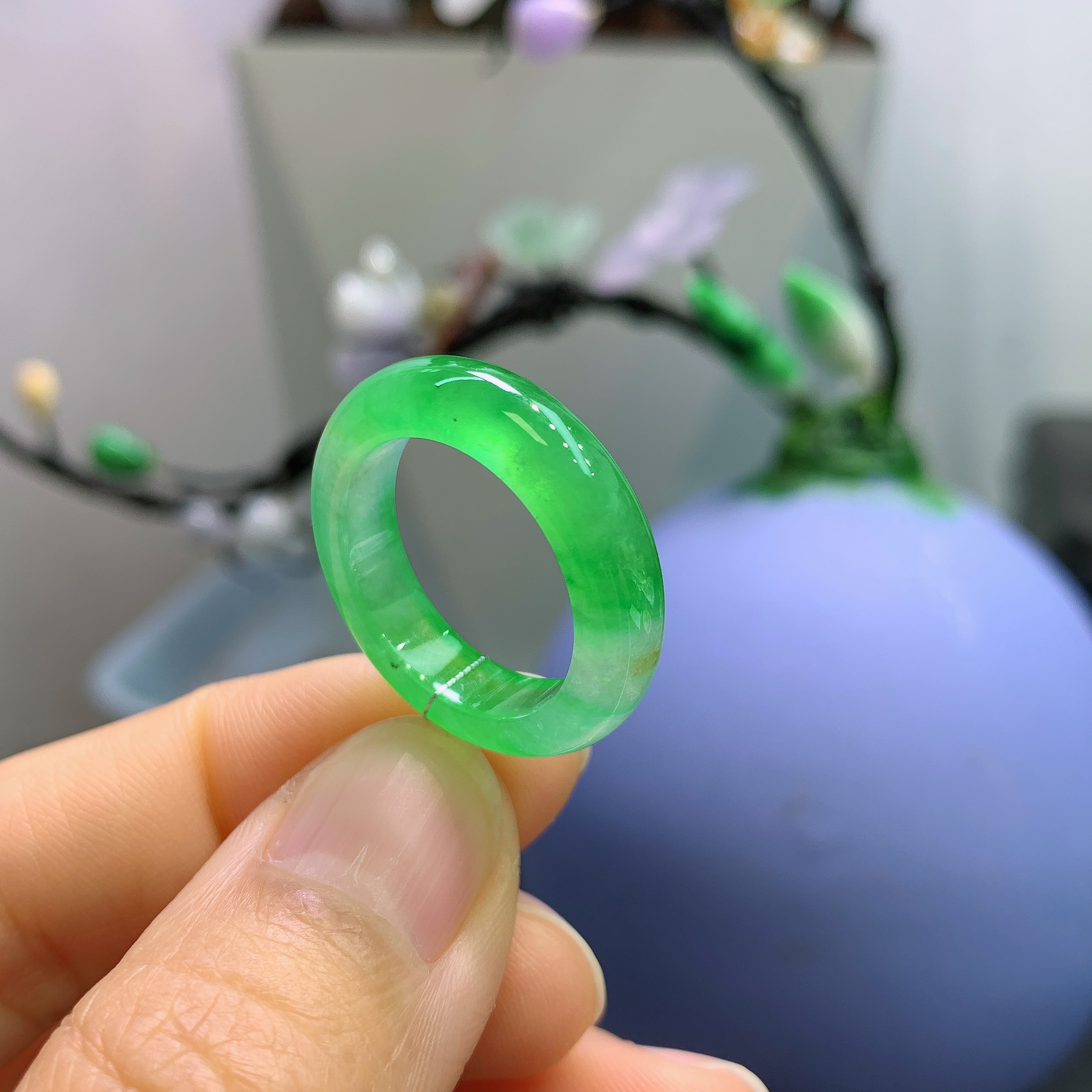 15-16圈口缅甸天然翡翠A货高冰甜阳绿戒指1120#