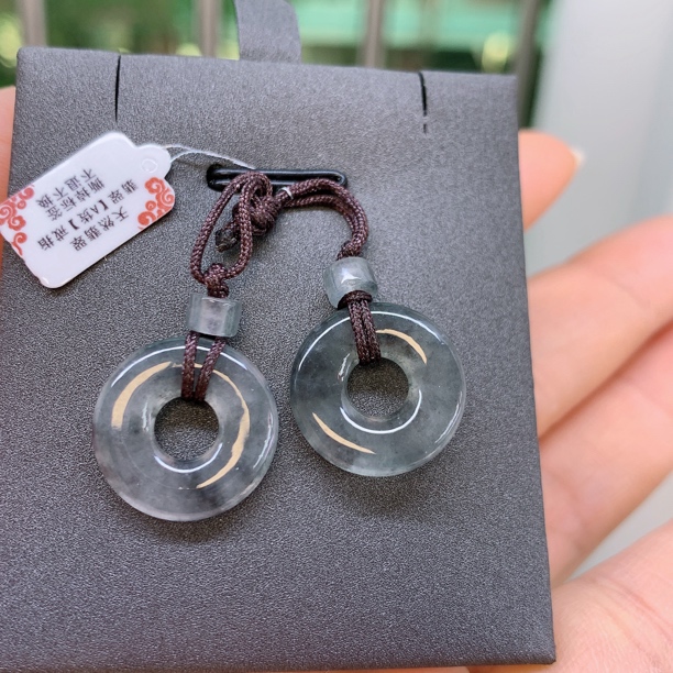 缅甸天然翡翠A货冰乌鸡甜甜圈一对A615#