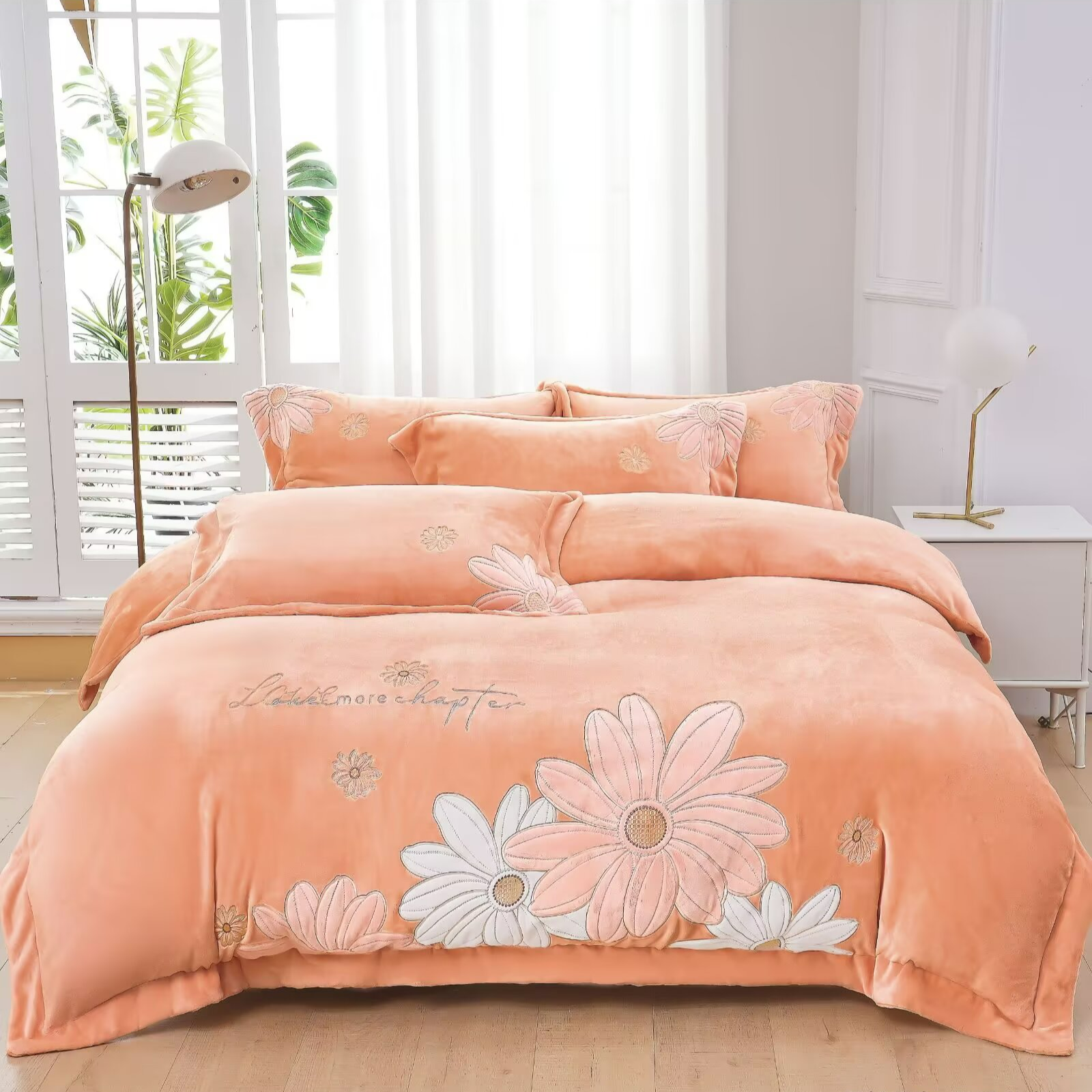 【山花烂漫】贴布绣花牛奶绒四件套加厚亲肤纯色保暖抗静电不滑床1