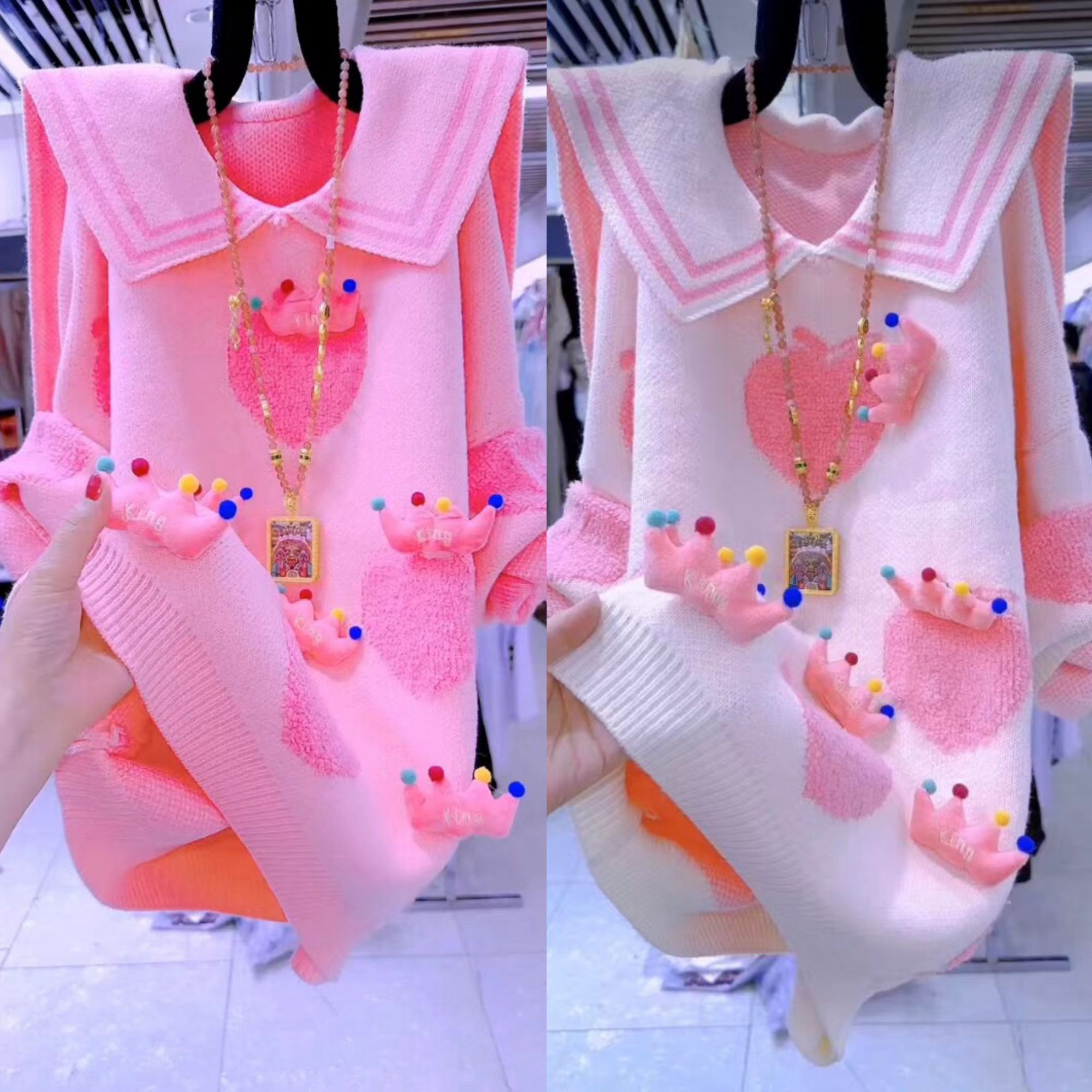 甜美减龄立体草莓海军领毛衣女秋冬新款宽松慵懒风针织衫大码上衣