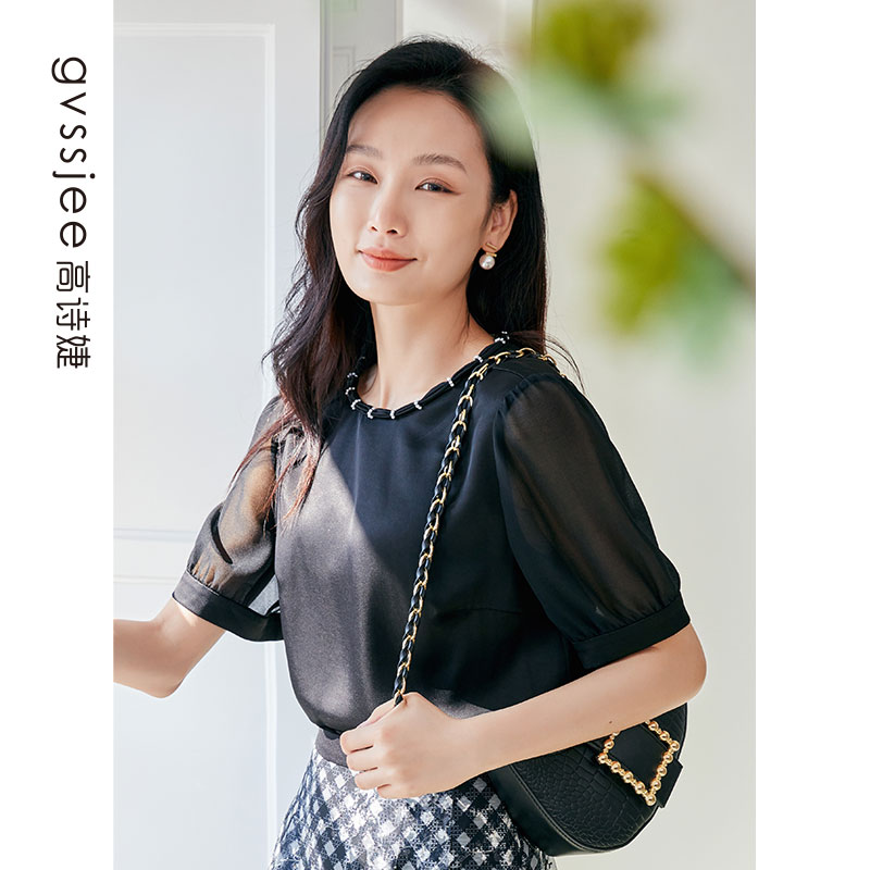  高诗婕夏季醋酸缎面衬衫女设计感小众别致上衣232419131-61