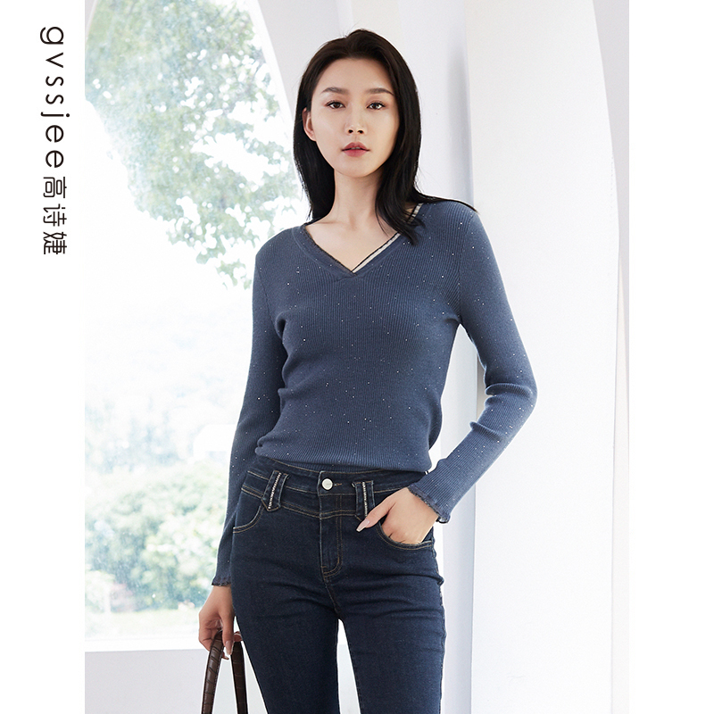 高诗婕商场同款打底V领修身长袖针织衫上衣223324252-47
