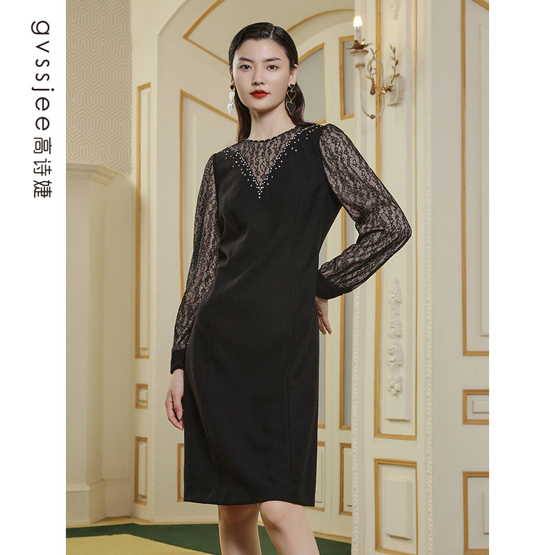 高诗婕商场同款冬季气质法式蕾丝拼接长袖连衣裙224161005-61