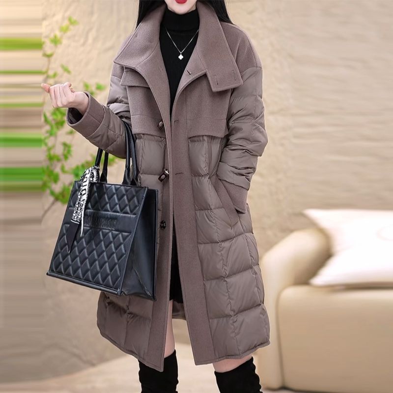高质量高档呢料拼接羽绒羽绒服大码遮肉防寒保暖显高级大衣2024冬