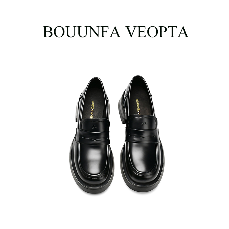 BOUUNFA VEOPTA【芯片】圆头乐福鞋秋季新款潮流百搭黑色真皮一脚蹬