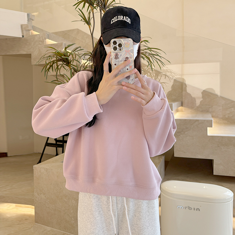 秋冬款加绒套头卫衣女2025新款韩版显瘦百搭加厚冬季内搭粉色上衣