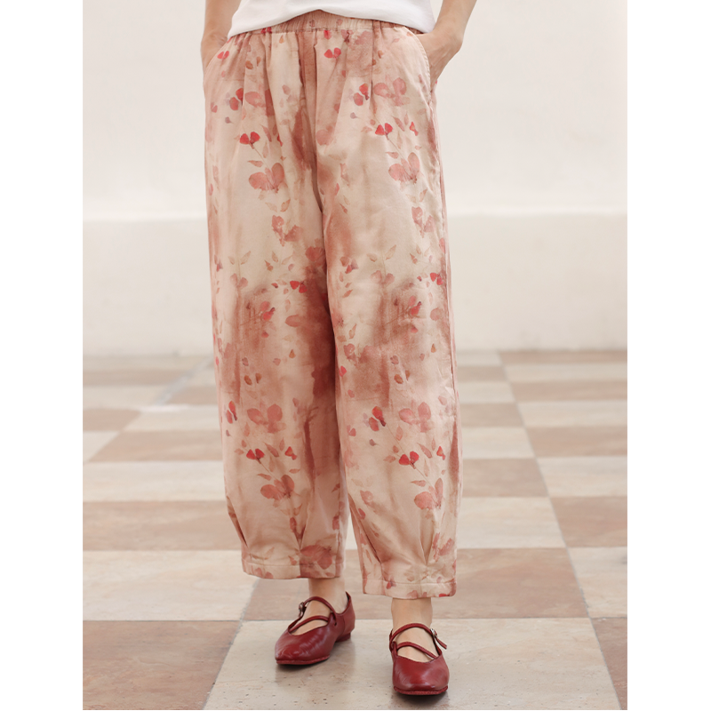 WUSEWUWEI/无色无味【陌上清秋】25春秋全棉印花松紧腰捏褶加厚长裤