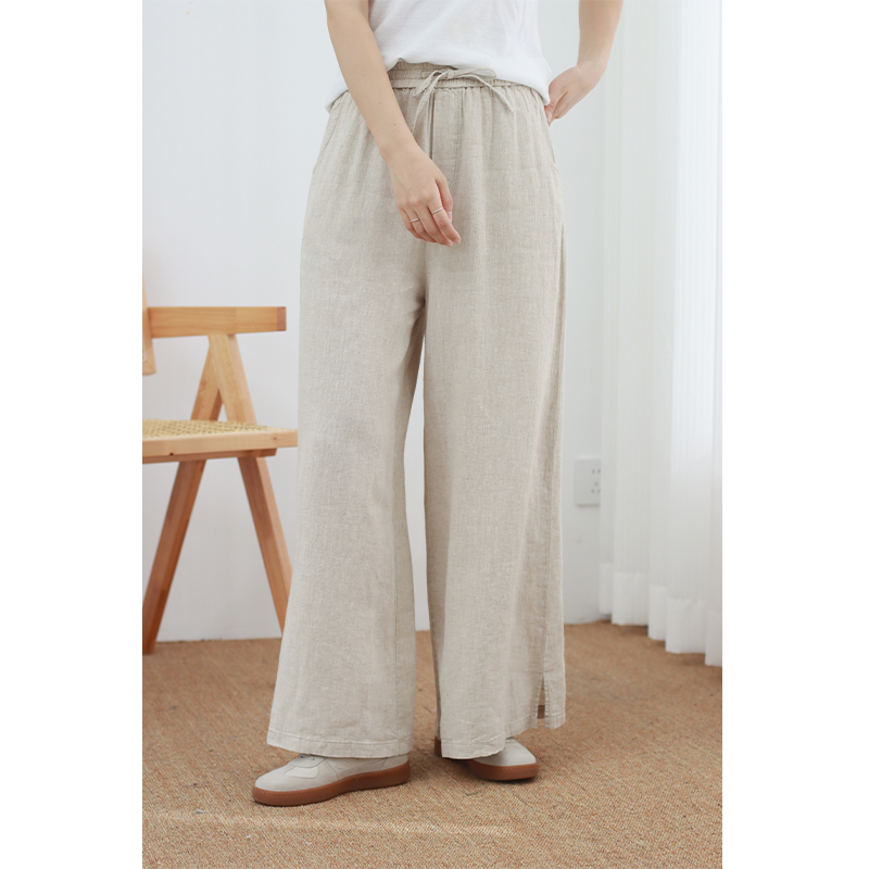 无色无味夏季新款高腰垂感宽松松紧腰高腰系带亚麻纯色阔腿休闲裤