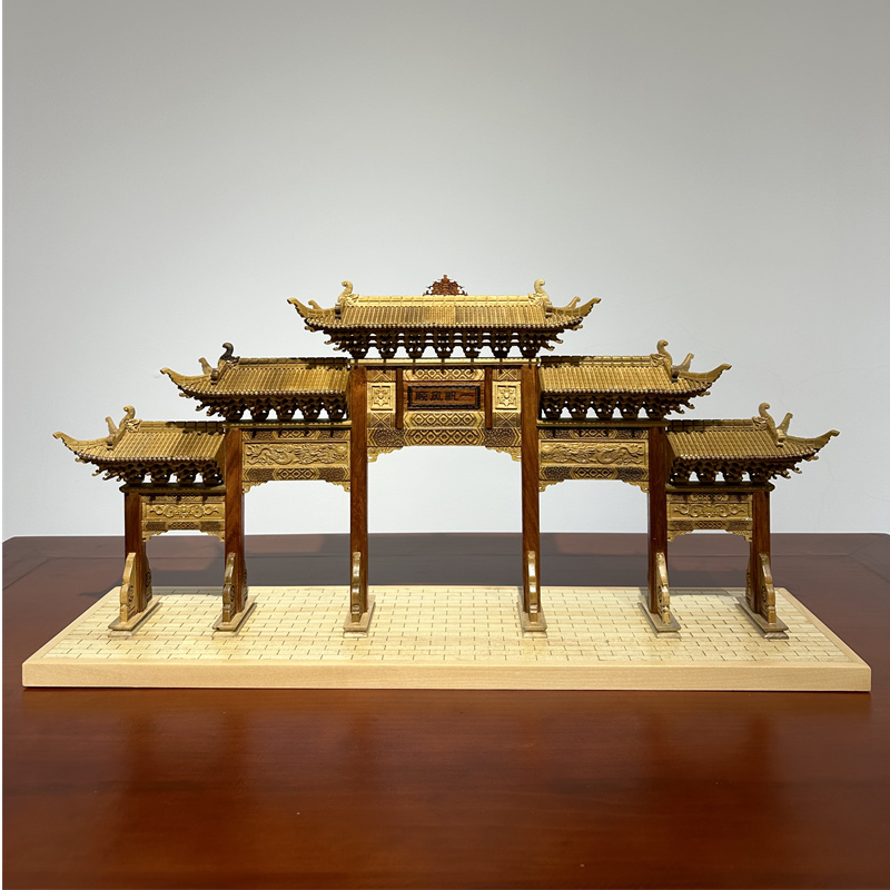 中式东阳木雕古建筑模型五门牌楼客厅办公室书房桌面摆件工艺品