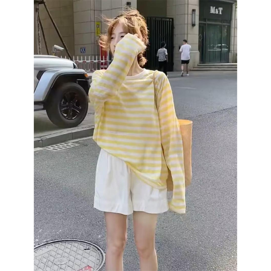 撞色条纹T恤女长袖2024夏季新款衣服休闲宽松显瘦薄款衣罩衫上衣