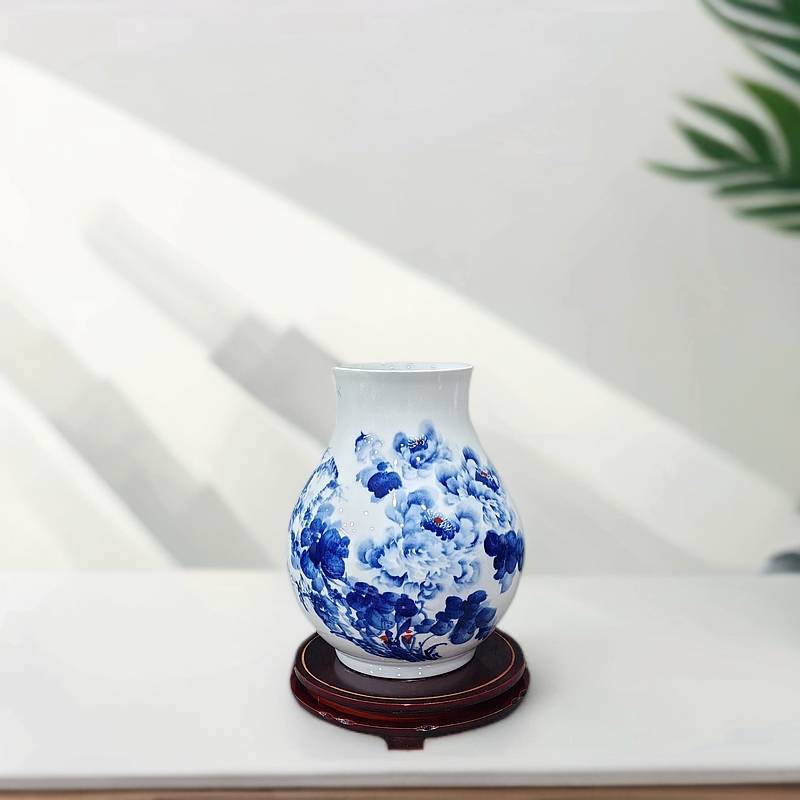 景德镇陶瓷瓷器牡丹福筒花瓶摆件插花博古架