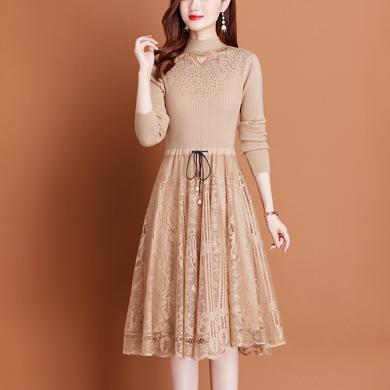 网纱针织连衣裙秋冬新款气质妈妈毛衣裙时尚洋气高贵打底裙子内搭